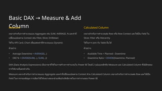 Basic DAX Measure & Add
→
Column
Measure
เหมาะสำหรับการคำนวณแบบ Aggregate เช่น SUM, AVERAGE, % และค่าที่
เปลี่ยนแปลงตาม Context เช่น Filter, Slicer, Drilldown
ใช้ใน KPI Card, Chart เพื่อแสดงค่าที่คำนวณแบบ Dynamic
ตัวอย่าง:
• Average Downtime = AVERAGE(...)
• OEE % = DIVIDE(SUM(...), SUM(...))
Calculated Column
เหมาะสำหรับการคำนวณต่อ Row หรือ Row Context และใช้เป็น Field ใน
Slicer, Filter หรือ Hierarchy
ใช้ในการ Join กับ Table อื่นได้
ตัวอย่าง:
• Available Time = Planned - Downtime
• Downtime Ratio = DIVIDE(Downtime, Planned)
DAX (Data Analysis Expressions) เป็นภาษาที่ใช้ในการสร้างการคำนวณใน Power BI โดยมี 2 รูปแบบหลักคือ Measure และ Calculated Column ซึ่งมีลักษณะ
การใช้งานที่แตกต่างกัน
Measure เหมาะสำหรับการคำนวณแบบ Aggregate และค่าที่เปลี่ยนแปลงตาม Context ส่วน Calculated Column เหมาะสำหรับการคำนวณต่อ Row และใช้เป็น
Field ในการกรองข้อมูล การเลือกใช้ให้เหมาะสมจะช่วยเพิ่มประสิทธิภาพในการทำงานของ Power BI
 