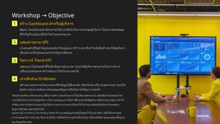 Workshop Objective
→
1 สร้าง Dashboard สำหรับผู้บริหาร
พัฒนา Dashboard ที่สามารถใช้งานได้จริงในการประชุมผู้บริหาร โดยนำเสนอข้อมูล
ที่สำคัญในรูปแบบที่เข้าใจง่ายและสวยงาม
2 แสดงภาพรวม KPI
นำเสนอตัวชี้วัดสำคัญขององค์กรในรูปแบบ KPI Card ที่เข้าใจได้ทันที ช่วยให้ผู้บริหาร
เห็นสถานะปัจจุบันของธุรกิจได้อย่างชัดเจน
3 วิเคราะห์ Trend KPI
แสดงแนวโน้มของตัวชี้วัดสำคัญตามช่วงเวลา ช่วยให้ผู้บริหารสามารถวิเคราะห์การ
เปลี่ยนแปลงและคาดการณ์แนวโน้มในอนาคตได้
4 เจาะลึกด้วย Drilldown
สร้างความสามารถในการเจาะลึกข้อมูลได้ถึงระดับ Machine หรือ Supervisor ช่วยให้
ผู้บริหารสามารถค้นหาสาเหตุของปัญหาหรือโอกาสได้อย่างรวดเร็ว
วัตถุประสงค์ของ Workshop นี้คือการสร้าง Dashboard ที่ไม่เพียงแต่สวยงาม แต่ยังมีประโยชน์และใช้
งานได้จริงในการประชุมผู้บริหาร โดย Dashboard ที่สร้างขึ้นจะช่วยให้ผู้บริหารเห็นภาพรวมของ KPI ที่
สำคัญ สามารถวิเคราะห์แนวโน้มได้ง่าย และสามารถเจาะลึกลงไปในรายละเอียดเพื่อค้นหาสาเหตุของ
ปัญหาหรือโอกาสทางธุรกิจได้
นอกจากนี้ เราจะสร้าง Summary Slide ที่รวบรวมข้อมูลสำคัญทั้งหมดไว้ในหน้าเดียว เพื่อให้สะดวกต่อ
การนำเสนอในการประชุม ซึ่งจะช่วยให้การตัดสินใจทางธุรกิจเป็นไปอย่างมีประสิทธิภาพและอยู่บนพื้นฐาน
ของข้อมูลที่ถูกต้อง
 