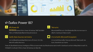 ทำไมต้อง Power BI?
ฟรี (Power BI
Desktop)
สามารถดาวน์โหลดและใช้งาน Power BI Desktop ได้ฟรี โดยไม่มีค่า
ใช้จ่าย ทำให้เป็นตัวเลือกที่คุ้มค่าสำหรับองค์กรทุกขนาด
ใช้งานง่าย
มีอินเทอร์เฟซที่ใช้งานง่าย ไม่จำเป็นต้องเขียนโค้ด สามารถลากและวาง
เพื่อสร้าง Dashboard ได้อย่างรวดเร็ว
รองรับ Data Sources หลากหลาย
สามารถเชื่อมต่อกับแหล่งข้อมูลได้หลากหลาย ทั้ง Excel, CSV, SQL,
Web API และอื่นๆ อีกมากมาย
ทำงานร่วมกับ Microsoft Ecosystem
ทำงานร่วมกับโปรแกรมอื่นๆ ในตระกูล Microsoft ได้อย่างลงตัว เช่น
Excel, SharePoint และ Teams
Power BI เป็นเครื่องมือ Business Intelligence ที่ใช้งานง่ายและทรงพลัง ช่วยให้องค์กรทุกขนาดสามารถสร้าง Dashboard และวิเคราะห์ข้อมูลได้อย่างรวดเร็ว ใน
เวิร์กช็อปนี้ เราจะเรียนรู้การใช้งาน Power BI Desktop อย่างมืออาชีพ
 