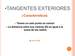 •TANGENTES EXTERIORES
              Características


        Tienen un solo punto en común
 La distancia entre sus centros (D) es igual a la
                suma de los radios.



                    d = r + r1
 