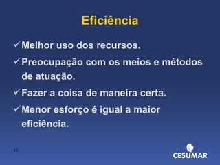 Eficiência Melhor uso dos recursos. Preocupação com os meios e métodos de atuação. Fazer a coisa de maneira certa. Menor esforço é igual a maior eficiência. 