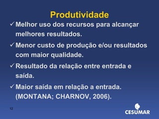 Produtividade Melhor uso dos recursos para alcançar melhores resultados. Menor custo de produção e/ou resultados com maior qualidade. Resultado da relação entre entrada e saída. Maior saída em relação a entrada. (MONTANA; CHARNOV, 2006). 