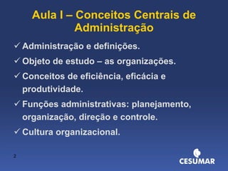 Aula I – Conceitos Centrais de Administração Administração e definições. Objeto de estudo – as organizações. Conceitos de eficiência, eficácia e produtividade. Funções administrativas: planejamento, organização, direção e controle. Cultura organizacional. 