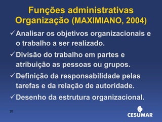 Funções administrativas Organização  (MAXIMIANO, 2004) Analisar os objetivos organizacionais e o trabalho a ser realizado. Divisão do trabalho em partes e atribuição as pessoas ou grupos. Definição da responsabilidade pelas tarefas e da relação de autoridade. Desenho da estrutura organizacional. 
