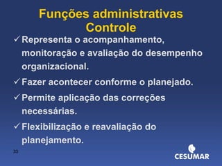 Funções administrativas Controle Representa o acompanhamento, monitoração e avaliação do desempenho organizacional. Fazer acontecer conforme o planejado. Permite aplicação das correções necessárias. Flexibilização e reavaliação do planejamento. 