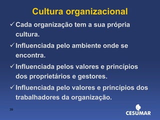 Cultura organizacional Cada organização tem a sua própria cultura. Influenciada pelo ambiente onde se encontra. Influenciada pelos valores e princípios dos proprietários e gestores. Influenciada pelo valores e princípios dos trabalhadores da organização. 