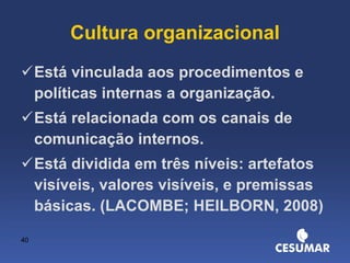 Cultura organizacional Está vinculada aos procedimentos e políticas internas a organização. Está relacionada com os canais de comunicação internos. Está dividida em três níveis: artefatos visíveis, valores visíveis, e premissas básicas. (LACOMBE; HEILBORN, 2008) 