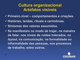 Cultura organizacional Artefatos visíveis Primeiro nível – comportamentos e criações. Histórias, lendas, rituais e cerimônias. Sintomas dos valores assumidos. Se manifestam no modo de trajar, na maneira de falar, nos níveis de ruídos tolerados, no  layout,  na comunicação, na formalidade ou informalidade das pessoas, nos processos de trabalho, entre outros. 