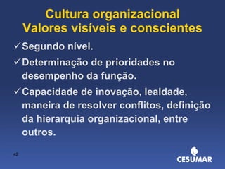 Cultura organizacional Valores visíveis e conscientes Segundo nível. Determinação de prioridades no desempenho da função. Capacidade de inovação, lealdade, maneira de resolver conflitos, definição da hierarquia organizacional, entre outros. 