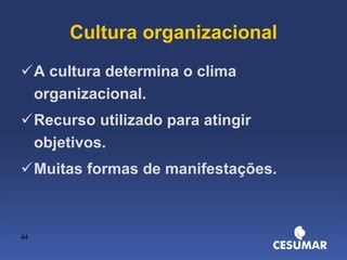 Cultura organizacional A cultura determina o clima organizacional. Recurso utilizado para atingir objetivos. Muitas formas de manifestações. 