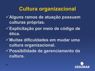 Cultura organizacional Alguns ramos de atuação possuem culturas próprias. Explicitação por meio de código de ética. Muitas dificuldades em mudar uma cultura organizacional. Possibilidade de gerenciamento da cultura.   