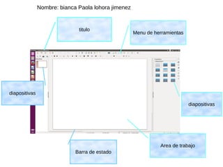 Nombre: bianca Paola lohora jimenez
titulo
Menu de herramientas
diapositivas
diapositivas
Area de trabajo
Barra de estado
 