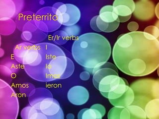 PreterritoAr verbsEAsteOAmosAronEr/Ir verbsIIsteIoImosieron