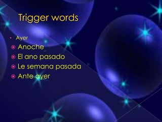 Trigger wordsAyerAnocheEl anopasadoLe semanapasadaAnte ayer