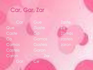 Car, Gar, ZarCarQueCaste CoCamosCasteisCaronGarGueGasteGoGamosGasteisGaronZarCeZasteZoZamoszasteiszaron