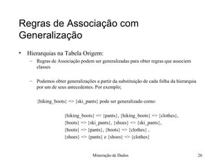 Regras de Associação com Generalização Hierarquias na Tabela Origem: Regras de Associação podem ser generalizadas para obter regras que associem classes Podemos obter generalizações a partir da substituição de cada folha da hierarquia por um de seus antecedentes. Por exemplo; {hiking_boots} => {ski_pants} pode ser generalizado como:   {hiking_boots} => {pants}, {hiking_boots} => {clothes},   {boots} => {ski_pants}, {shoes} => {ski_pants},   {boots} => {pants}, {boots} => {clothes} ,    {shoes} => {pants} e {shoes} => {clothes}  Mineração de Dados 