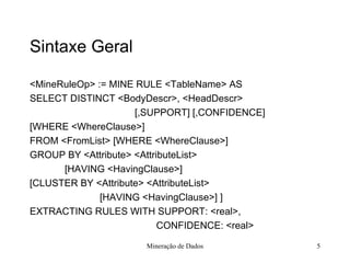 Sintaxe Geral <MineRuleOp> := MINE RULE <TableName> AS SELECT DISTINCT <BodyDescr>, <HeadDescr>  [,SUPPORT] [,CONFIDENCE] [WHERE <WhereClause>] FROM <FromList> [WHERE <WhereClause>] GROUP BY <Attribute> <AttributeList> [HAVING <HavingClause>] [CLUSTER BY <Attribute> <AttributeList> [HAVING <HavingClause>] ] EXTRACTING RULES WITH SUPPORT: <real>,    CONFIDENCE: <real> Mineração de Dados 