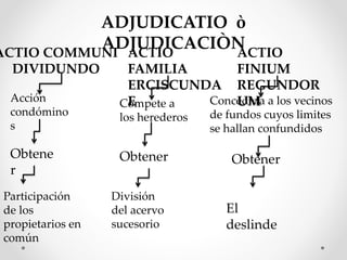 ADJUDICATIO ò
ADJUDICACIÒNACTIO COMMUNI
DIVIDUNDO
Acción
condómino
s
Obtene
r
Participación
de los
propietarios en
común
ACTIO
FAMILIA
ERCISCUNDA
ECompete a
los herederos
Obtener
División
del acervo
sucesorio
ACTIO
FINIUM
REGUNDOR
UMConcedida a los vecinos
de fundos cuyos limites
se hallan confundidos
Obtener
El
deslinde
 