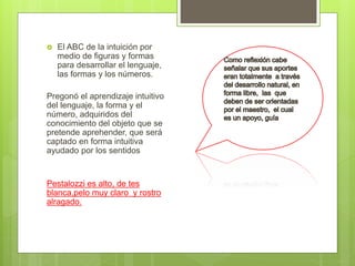  El ABC de la intuición por
medio de figuras y formas
para desarrollar el lenguaje,
las formas y los números.
Pregonó el aprendizaje intuitivo
del lenguaje, la forma y el
número, adquiridos del
conocimiento del objeto que se
pretende aprehender, que será
captado en forma intuitiva
ayudado por los sentidos
Pestalozzi es alto, de tes
blanca,pelo muy claro y rostro
alragado.
 