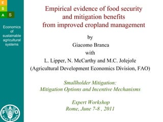 Economics 
of 
sustainable 
agricultural 
systems 
E 
S 
A S 
Empirical evidence of food security 
and mitigation benefits 
from improved cropland management 
by 
Giacomo Branca 
with 
L. Lipper, N. McCarthy and M.C. Jolejole 
(Agricultural Development Economics Division, FAO) 
Smallholder Mitigation: 
Mitigation Options and Incentive Mechanisms 
Expert Workshop 
Rome, June 7-8 , 2011 
 