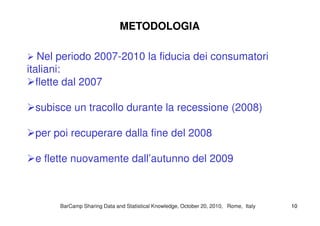 Nel periodo 2007-2010 la fiducia dei consumatori
italiani:
flette dal 2007
subisce un tracollo durante la recessione (2008)
METODOLOGIAMETODOLOGIA
subisce un tracollo durante la recessione (2008)
per poi recuperare dalla fine del 2008
e flette nuovamente dall’autunno del 2009
BarCampBarCamp Sharing Data and Statistical Knowledge, OctoberSharing Data and Statistical Knowledge, October 2020,, 20102010, Rome, Italy, Rome, Italy 1010
 
