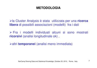 la Cluster Analysis è stata utilizzata per una ricerca
libera di possibili associazioni (modelli) fra i dati
Fra i modelli individuati alcuni si sono mostrati
METODOLOGIAMETODOLOGIA
Fra i modelli individuati alcuni si sono mostrati
ricorsivi (analisi longitudinale ok) ,
altri temporanei (analisi meno immediata)
BarCampBarCamp Sharing Data and Statistical Knowledge, OctoberSharing Data and Statistical Knowledge, October 2020,, 20102010, Rome, Italy, Rome, Italy 77
 
