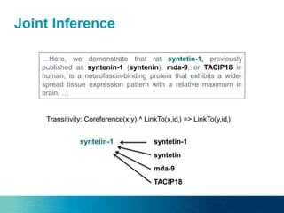 Joint Inference
…Here, we demonstrate that rat syntetin-1, previously
published as syntenin-1 (syntenin), mda-9, or TACIP18 in
human, is a neurofascin-binding protein that exhibits a wide-
spread tissue expression pattern with a relative maximum in
brain. …
Transitivity: Coreference(x,y) ^ LinkTo(x,idi) => LinkTo(y,idi)
syntetin-1 syntetin-1
syntetin
mda-9
TACIP18
 