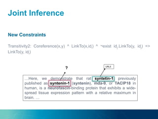 Joint Inference
New Constraints
Transitivity2: Coreference(x,y) ^ LinkTo(x,idi) ^ ¬exist idj.LinkTo(y, idj) =>
LinkTo(y, idi)
URL5
…Here, we demonstrate that rat syntetin-1, previously
published as syntenin-1 (syntenin), mda-9, or TACIP18 in
human, is a neurofascin-binding protein that exhibits a wide-
spread tissue expression pattern with a relative maximum in
brain. …
?
 