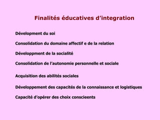 Finalités éducatives d’integration Consolidation du domaine affectif e de la relation Développment de la socialité Dévelopment du soi Consolidation de l’autonomie personnelle et sociale Acquisition des abilités sociales Développement des capacités de la connaissance et logistiques Capacité d’opérer des choix conscieents 