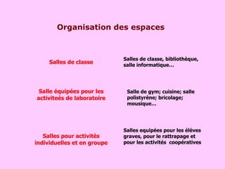 Organisation des espaces Salles de classe Salle équipées pour les activiteés de laboratoire Salles pour activitès individuelles et en groupe Salles de classe, bibliothèque, salle informatique… Salle de gym; cuisine; salle polistyrène; bricolage; mousique… Salles equipées pour les élèves graves, pour le rattrapage et pour les activités  coopératives 