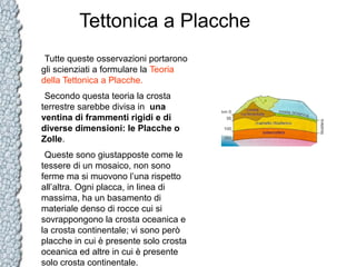 Tettonica a Placche
Tutte queste osservazioni portarono
gli scienziati a formulare la Teoria
della Tettonica a Placche.
Secondo questa teoria la crosta
terrestre sarebbe divisa in una
ventina di frammenti rigidi e di
diverse dimensioni: le Placche o
Zolle.
Queste sono giustapposte come le
tessere di un mosaico, non sono
ferme ma si muovono l’una rispetto
all’altra. Ogni placca, in linea di
massima, ha un basamento di
materiale denso di rocce cui si
sovrappongono la crosta oceanica e
la crosta continentale; vi sono però
placche in cui è presente solo crosta
oceanica ed altre in cui è presente
solo crosta continentale.

 