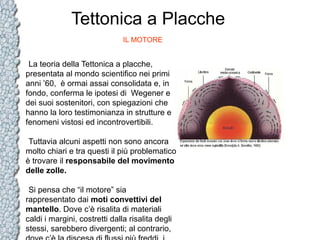 Tettonica a Placche
IL MOTORE

La teoria della Tettonica a placche,
presentata al mondo scientifico nei primi
anni ’60, è ormai assai consolidata e, in
fondo, conferma le ipotesi di Wegener e
dei suoi sostenitori, con spiegazioni che
hanno la loro testimonianza in strutture e
fenomeni vistosi ed incontrovertibili.
Tuttavia alcuni aspetti non sono ancora
molto chiari e tra questi il più problematico
è trovare il responsabile del movimento
delle zolle.
Si pensa che “il motore” sia
rappresentato dai moti convettivi del
mantello. Dove c’è risalita di materiali
caldi i margini, costretti dalla risalita degli
stessi, sarebbero divergenti; al contrario,

 