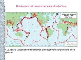 Distribuzione dei vulcani e dei terremoti sulla Terra

• Le attività vulcaniche ed i terremoti si concentrano lungo i bordi delle
placche

 