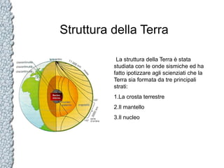 Struttura della Terra
La struttura della Terra è stata
studiata con le onde sismiche ed ha
fatto ipotizzare agli scienziati che la
Terra sia formata da tre principali
strati:
1.La crosta terrestre
2.Il mantello
3.Il nucleo

 