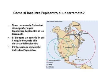 Come si localizza l'epicentro di un terremoto?
• Sono necessarie 3 stazioni
sismografiche per
localizzare l'epicentro di un
terremoto
• Si disegna un cerchio in cui
il raggio è uguale alla
distanza dall'epicentro
• L'intersezione dei cerchi
individua l'epicentro
 