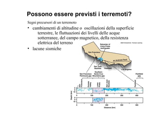 Possono essere previsti i terremoti?
Segni precursori di un terremoto
• cambiamenti di altitudine o oscillazioni della superficie
terrestre, le fluttuazioni dei livelli delle acque
sotterranee, del campo magnetico, della resistenza
elettrica del terreno
• lacune sismiche
 