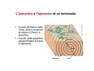 L'ipocentro e l'epicentro di un terremoto
• Il punto all'interno della
Terra, dove è avvenuta
la rottura è il fuoco, o
ipocentro.
• Il punto sulla superficie
perpendicolare al fuoco
è l'epicentro.
 