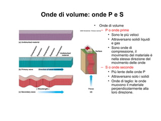 Onde di volume: onde P e S
• Onde di volume
– P o onde prime
• Sono le più veloci
• Attraversano solidi liquidi
e gas
• Sono onde di
compressione, il
movimento del materiale è
nella stessa direzione del
movimento delle onde
– S o onde seconde
• Più lente delle onde P
• Attraversano solo i solidi
• Onde di taglio: le onde
muovono il materiale
perpendicolarmente alla
loro direzione.
 