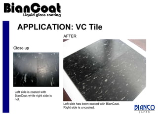 APPLICATION: VC Tile Close up AFTER Left side has been coated with BianCoat.  Right side is uncoated. Left side is coated with BianCoat while right side is not. 
