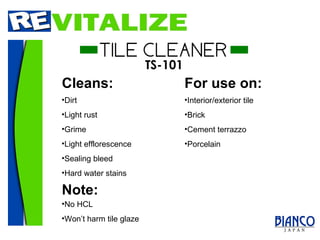 For use on: Cleans: Dirt Light rust Grime Light efflorescence Sealing bleed Hard water stains Interior/exterior tile Brick Cement terrazzo Porcelain Note: No HCL Won’t harm tile glaze 