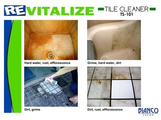 Dirt, grime Hard water, rust, efflorescence Grime, hard water, dirt Dirt, rust, efflorescence 