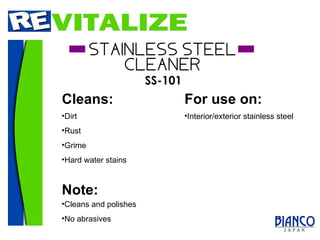 For use on: Cleans: Dirt Rust Grime Hard water stains Interior/exterior stainless steel Note: Cleans and polishes No abrasives 
