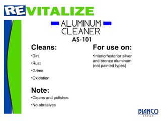 For use on: Cleans: Dirt Rust Grime Oxidation Interior/exterior silver and bronze aluminum (not painted types) Note: Cleans and polishes No abrasives 