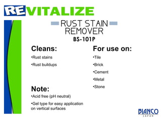 For use on: Cleans: Rust stains Rust buildups Tile Brick Cement Metal Stone Note: Acid free (pH neutral) Gel type for easy application on vertical surfaces 