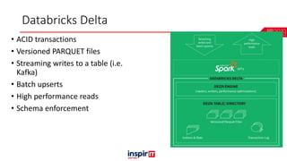 Databricks Delta
• ACID transactions
• Versioned PARQUET files
• Streaming writes to a table (i.e.
Kafka)
• Batch upserts
• High performance reads
• Schema enforcement
 