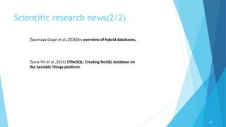 Scientific research news(2/2)
27
[Saumaya Goyal et al.,2016]An overview of hybrid databases,
[Suna Yin et al.,2016] STNoSQL: Creating NoSQL database on
the Sensible Things platform.
 