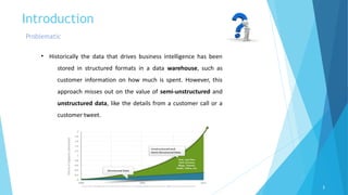 Introduction
Problematic
3
• Historically the data that drives business intelligence has been
stored in structured formats in a data warehouse, such as
customer information on how much is spent. However, this
approach misses out on the value of semi-unstructured and
unstructured data, like the details from a customer call or a
customer tweet.
 