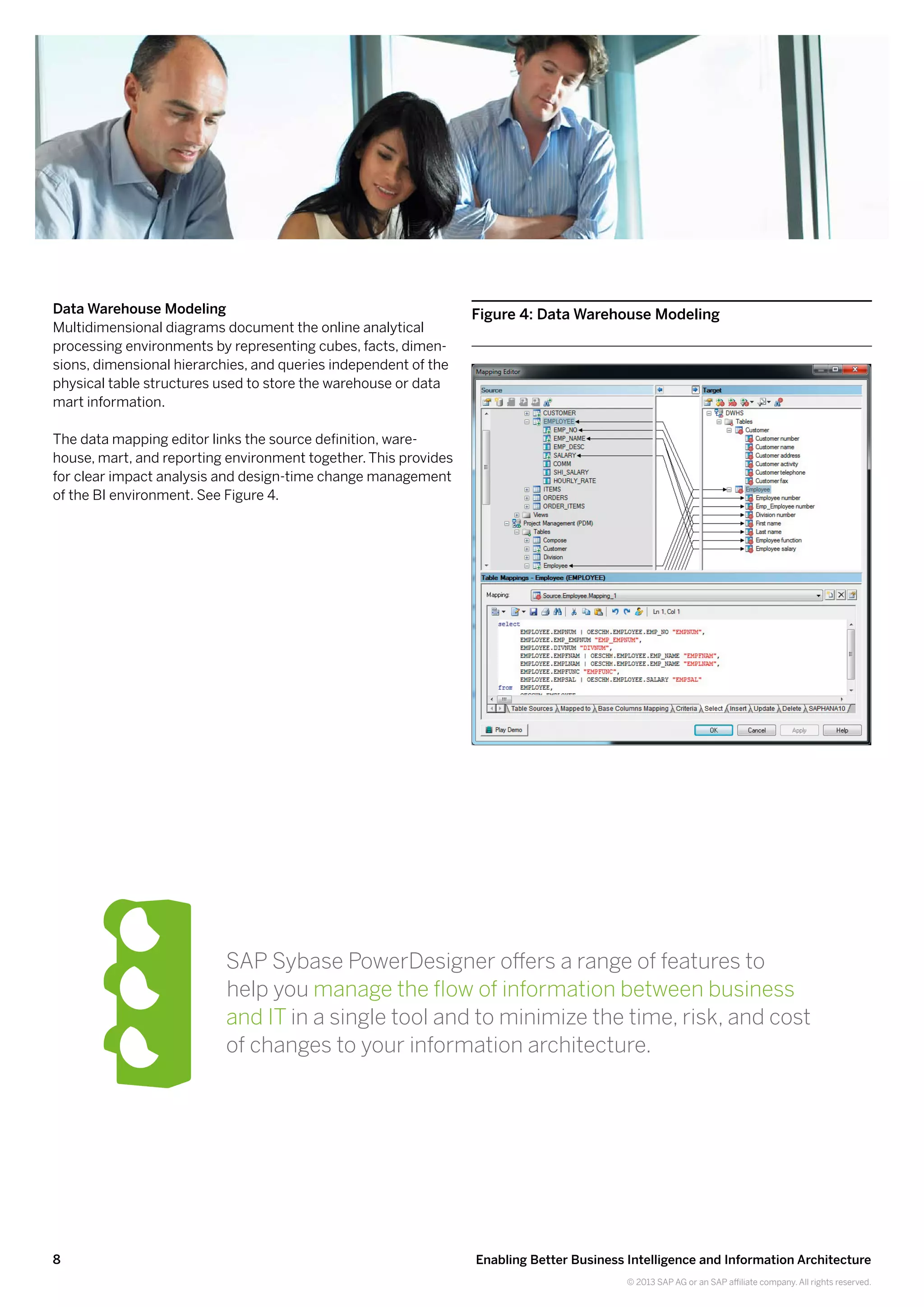 8 Enabling Better Business Intelligence and Information Architecture
© 2013 SAP AG or an SAP affiliate company. All rights reserved.
Data Warehouse Modeling
Multidimensional diagrams document the online analytical
processing environments by representing cubes, facts, dimen-
sions, dimensional hierarchies, and queries independent of the
physical table structures used to store the warehouse or data
mart information.
The data mapping editor links the source definition, ware-
house, mart, and reporting environment together. This provides
for clear impact analysis and design-time change management
of the BI environment. See Figure 4.
Figure 4: Data Warehouse Modeling
SAPSybase PowerDesigner offers a range of features to
help you manage the flow of information between business
and IT in a single tool and to minimize the time, risk, and cost
of changes to your information architecture.
 