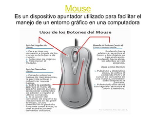 Mouse
Es un dispositivo apuntador utilizado para facilitar el
manejo de un entorno gráfico en una computadora
                             ●
 