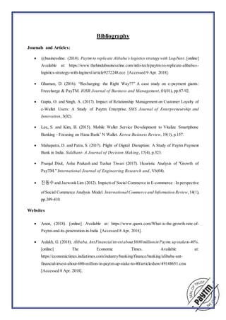 Bibliography
Journals and Articles:
 @businessline. (2018). Paytm to replicate Alibaba’s logistics strategy with LogiNext. [online]
Available at: https://www.thehindubusinessline.com/info-tech/paytm-to-replicate-alibabas-
logistics-strategy-with-loginext/article9272248.ece [Accessed 9 Apr. 2018].
 Ghuman, D. (2016). “Recharging: the Right Way??” A case study on e-payment giants:
Freecharge & PayTM. IOSR Journal of Business and Management, 01(01), pp.87-92.
 Gupta, O. and Singh, A. (2017). Impact of Relationship Management on Customer Loyalty of
e-Wallet Users: A Study of Paytm Enterprise. SMS Journal of Enterpreneurship and
Innovation, 3(02).
 Lee, S. and Kim, B. (2015). Mobile Wallet Service Development to Vitalize Smartphone
Banking - Focusing on Hana Bank’ N Wallet. Korea Business Review, 19(1), p.157.
 Mahapatra, D. and Patra, S. (2017). Plight of Digital Disruption: A Study of Paytm Payment
Bank in India. Siddhant- A Journal of Decision Making, 17(4), p.323.
 Pranjal Dixit, Ashu Prakash and Tushar Tiwari (2017). Heuristic Analysis of "Growth of
PayTM." International Journal of Engineering Research and, V6(04).
 진동수and JaewookLim (2012). Impactsof Social Commerce in E-commerce : In perspective
of Social Commerce Analysis Model. International Commerce and Information Review,14(1),
pp.389-410.
Websites
 Anon, (2018). [online] Available at: https://www.quora.com/What-is-the-growth-rate-of-
Paytm-and-its-penetration-in-India [Accessed 8 Apr. 2018].
 Aulakh, G. (2018). Alibaba,AntFinancialinvestabout$680 million in Paytm,up staketo 40%.
[online] The Economic Times. Available at:
https://economictimes.indiatimes.com/industry/banking/finance/banking/alibaba-ant-
financial-invest-about-680-million-in-paytm-up-stake-to-40/articleshow/49148651.cms
[Accessed 8 Apr. 2018].
 